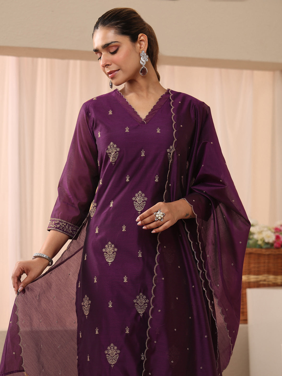  Purple Ethnic Embroidered Chanderi Silk Straight Suit Set 