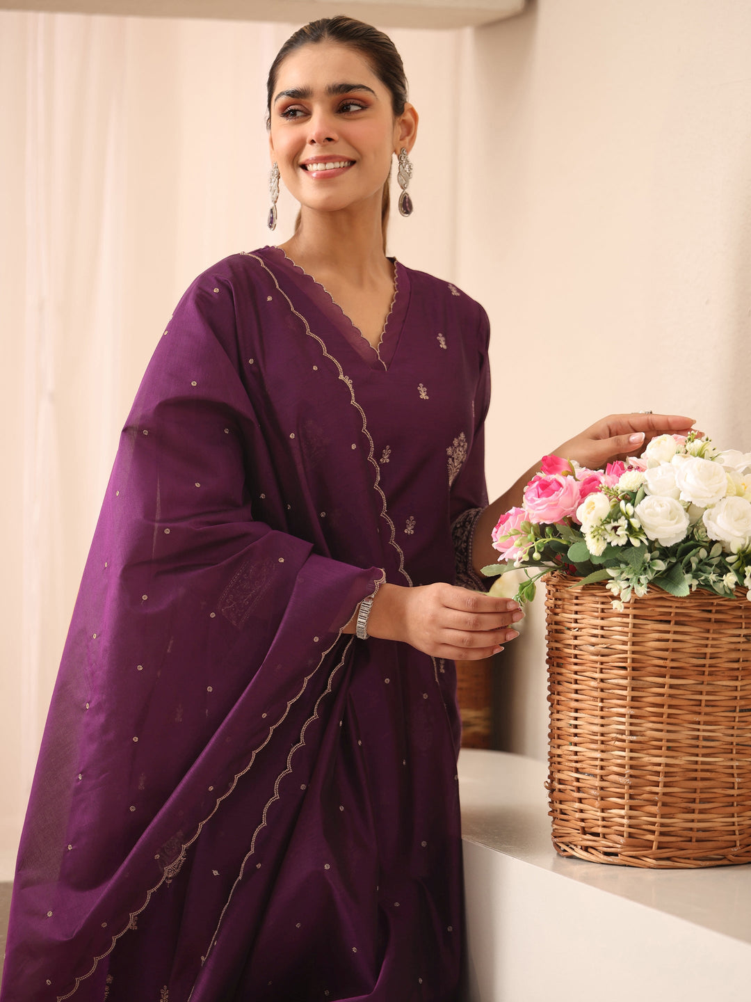  Purple Ethnic Embroidered Chanderi Silk Straight Suit Set 