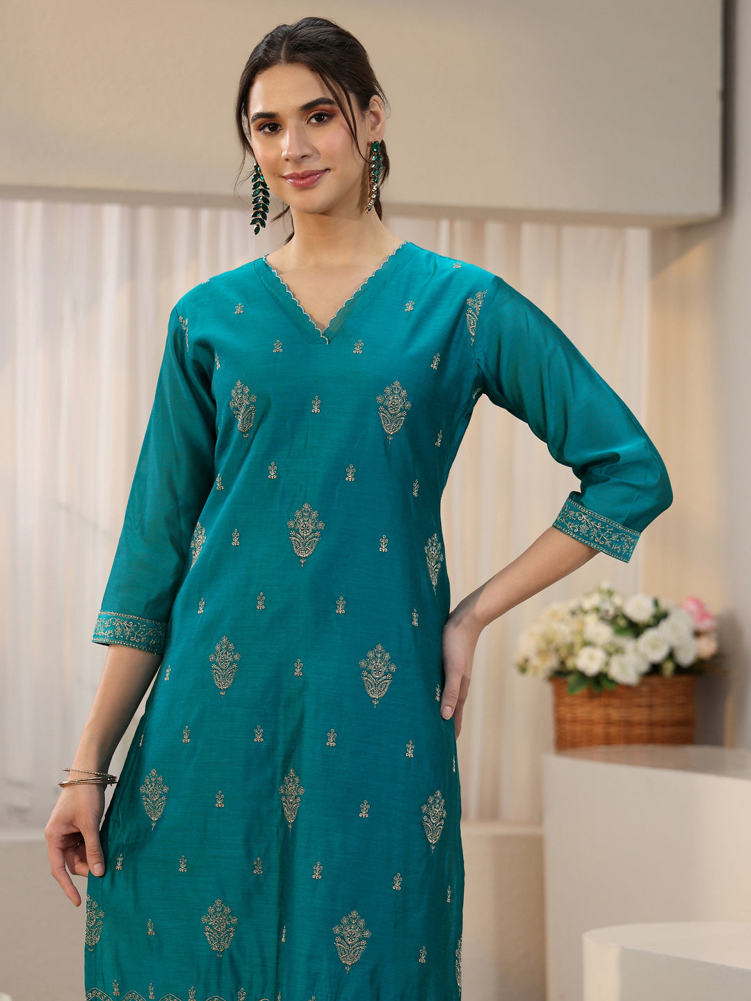  Libas Teal Blue Embroiderd Chanderi Silk Straight Suit Set 