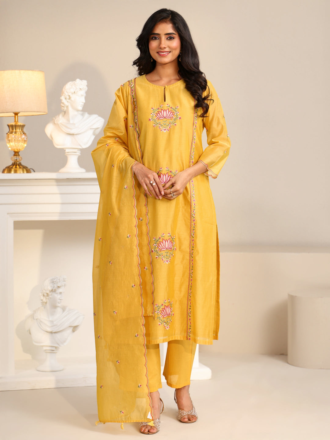  Libas Yellow Lotus Embroidered Chanderi Silk Straight Suit Set 