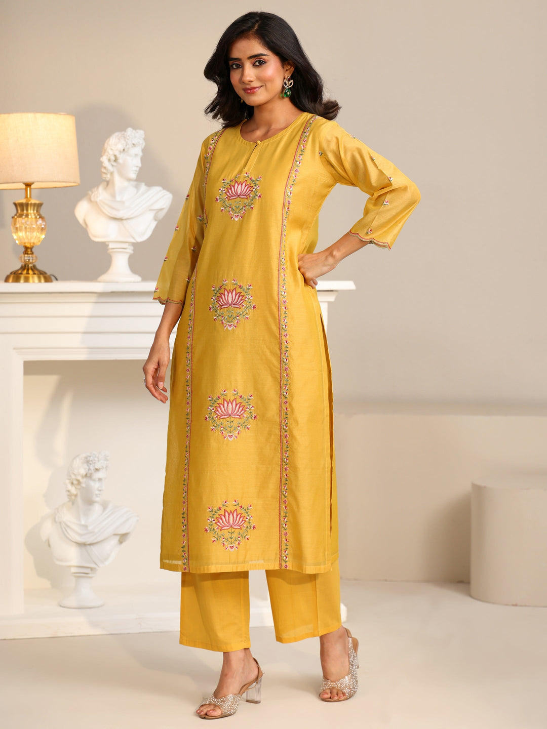  Libas Yellow Lotus Embroidered Chanderi Silk Straight Suit Set 