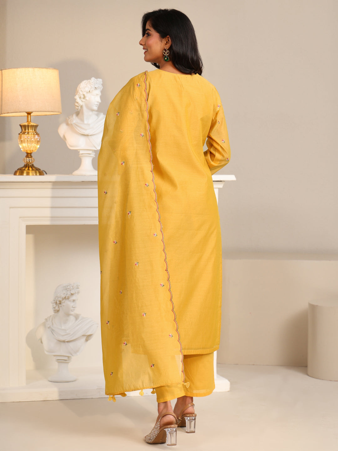  Libas Yellow Lotus Embroidered Chanderi Silk Straight Suit Set 