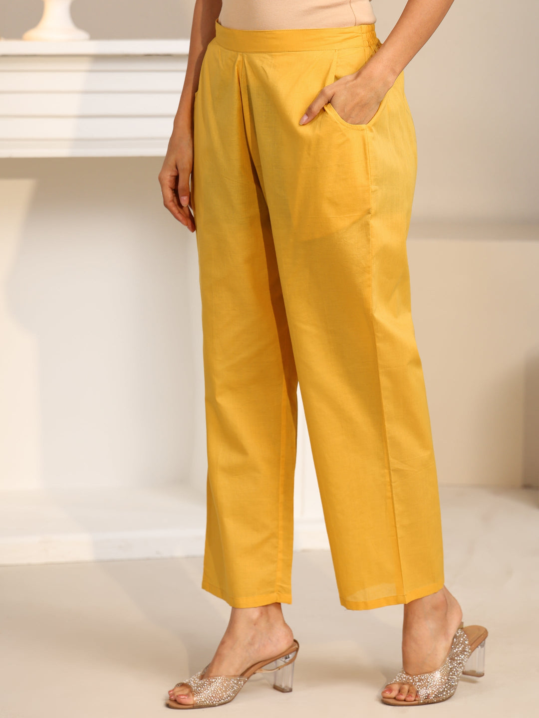  Libas Yellow Lotus Embroidered Chanderi Silk Straight Suit Set 