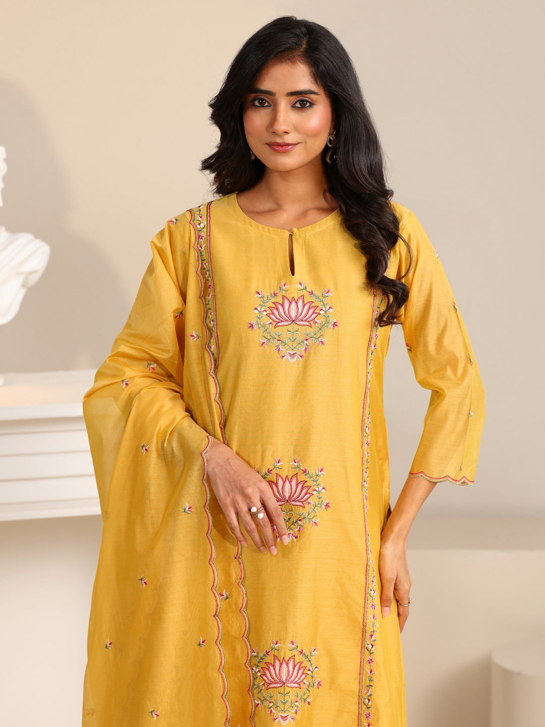  Libas Yellow Lotus Embroidered Chanderi Silk Straight Suit Set 