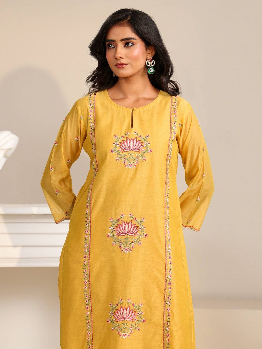  Libas Yellow Lotus Embroidered Chanderi Silk Straight Suit Set 