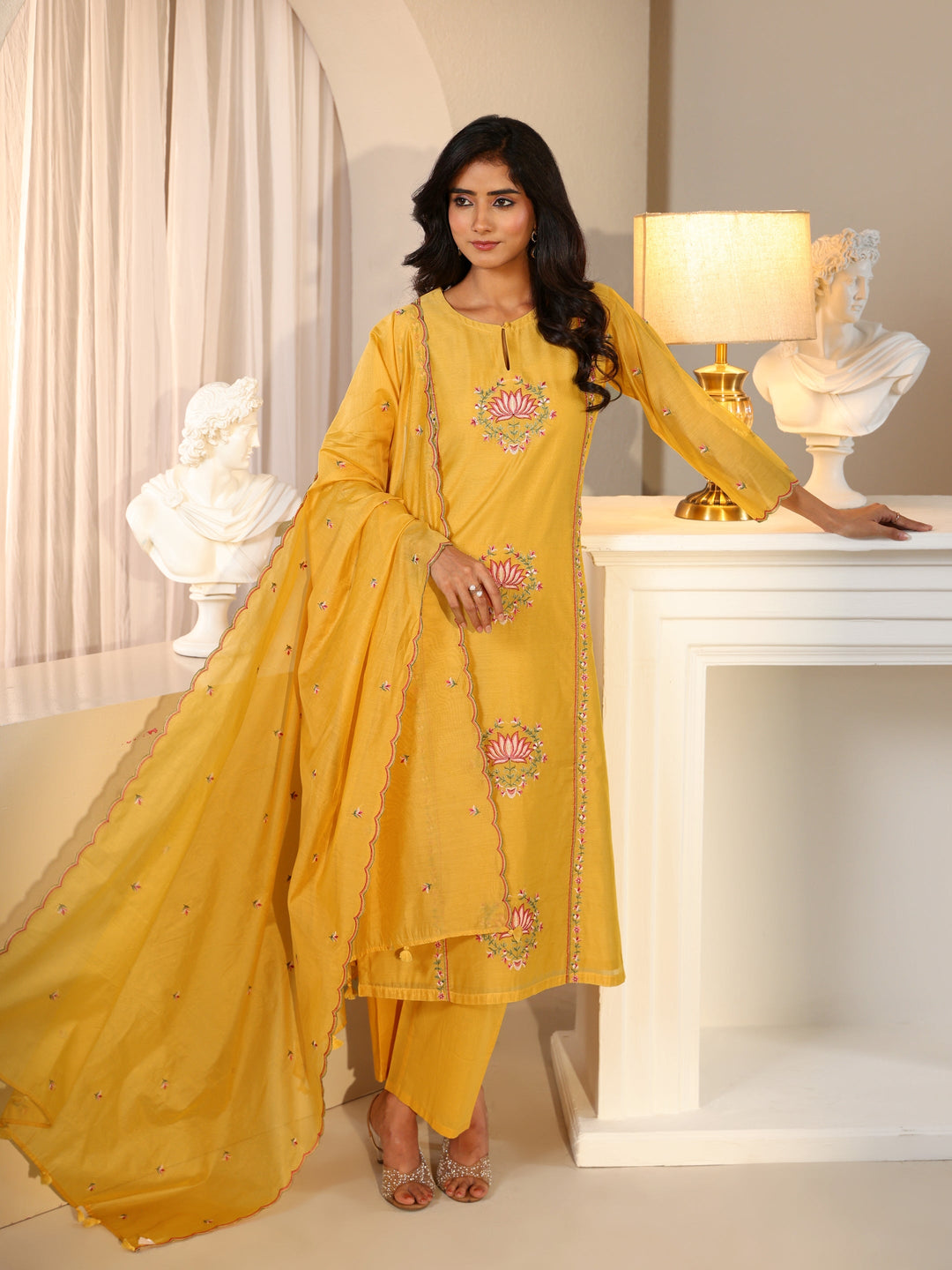  Libas Yellow Lotus Embroidered Chanderi Silk Straight Suit Set 