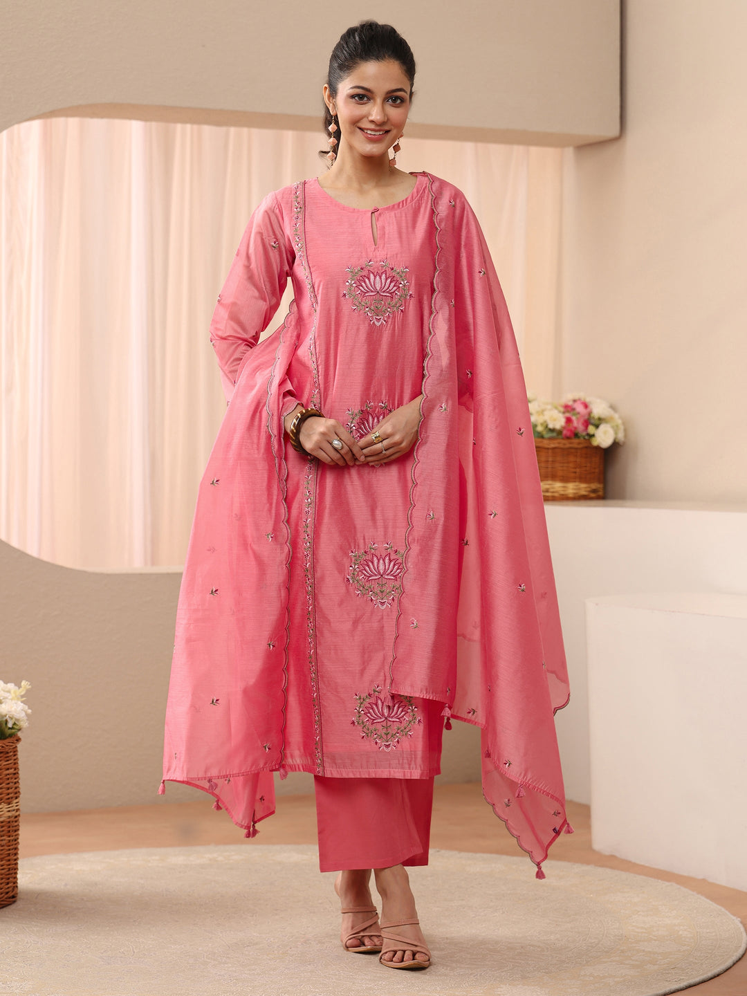  Pink Floral Embroidered Chanderi Silk Straight Suit Set 