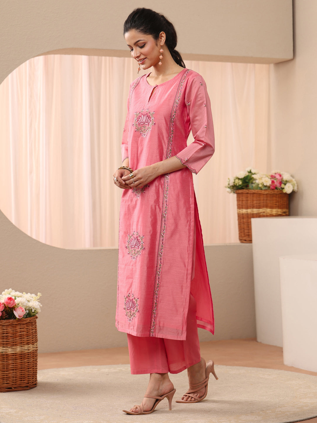  Pink Floral Embroidered Chanderi Silk Straight Suit Set 