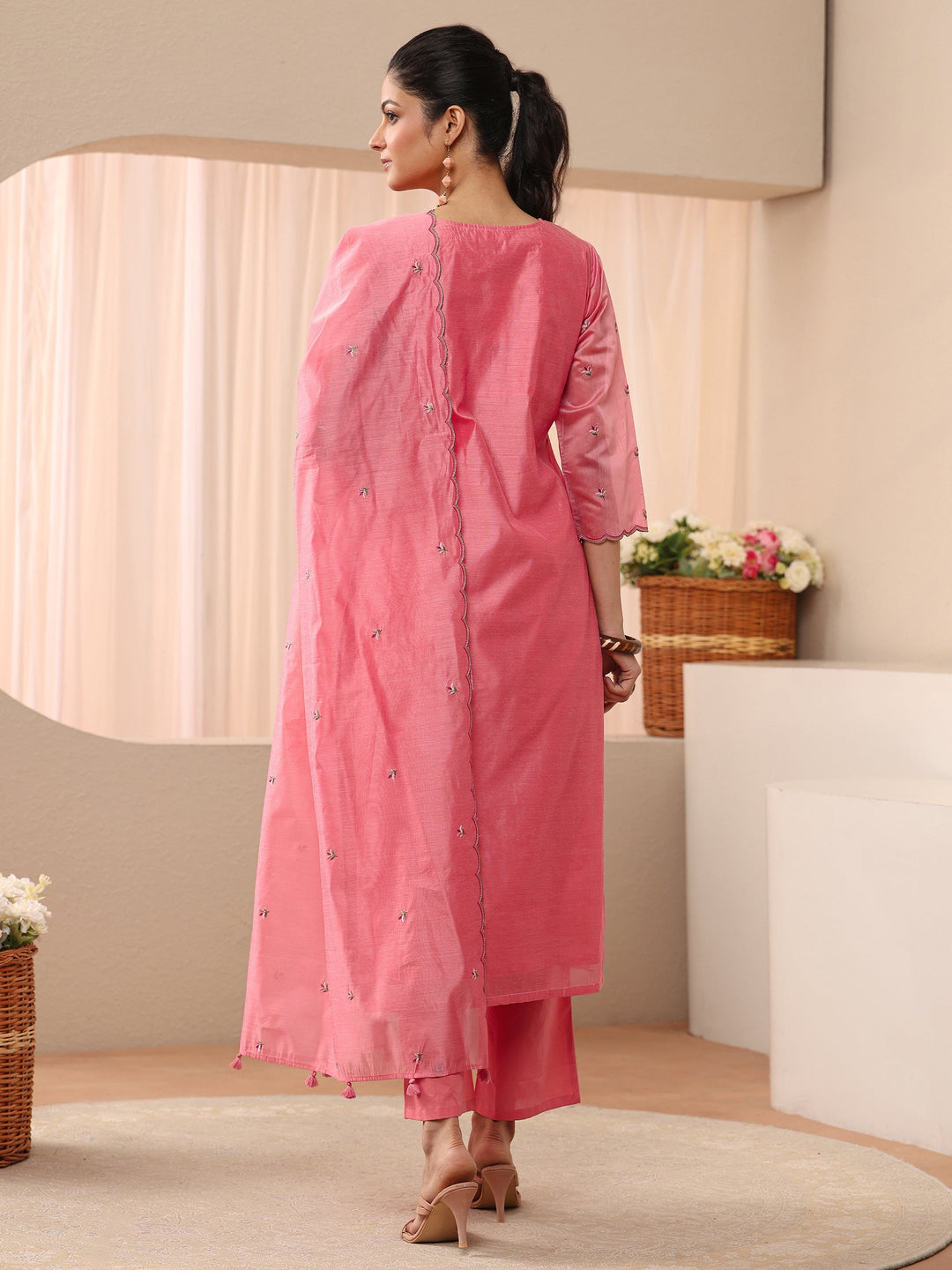  Pink Floral Embroidered Chanderi Silk Straight Suit Set 