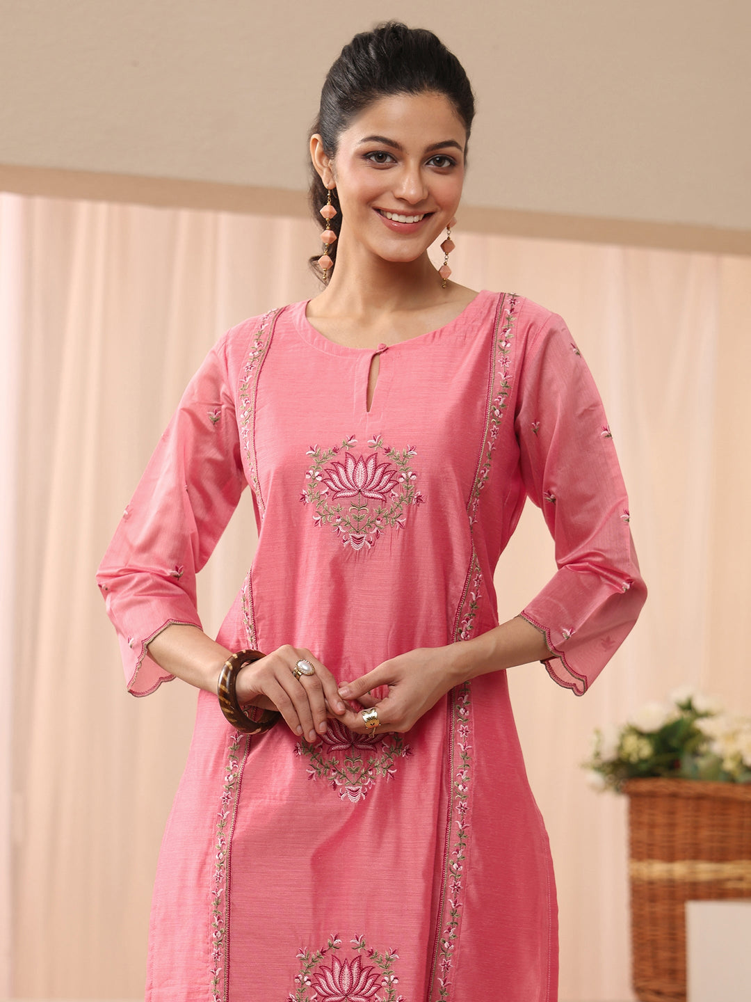  Pink Floral Embroidered Chanderi Silk Straight Suit Set 