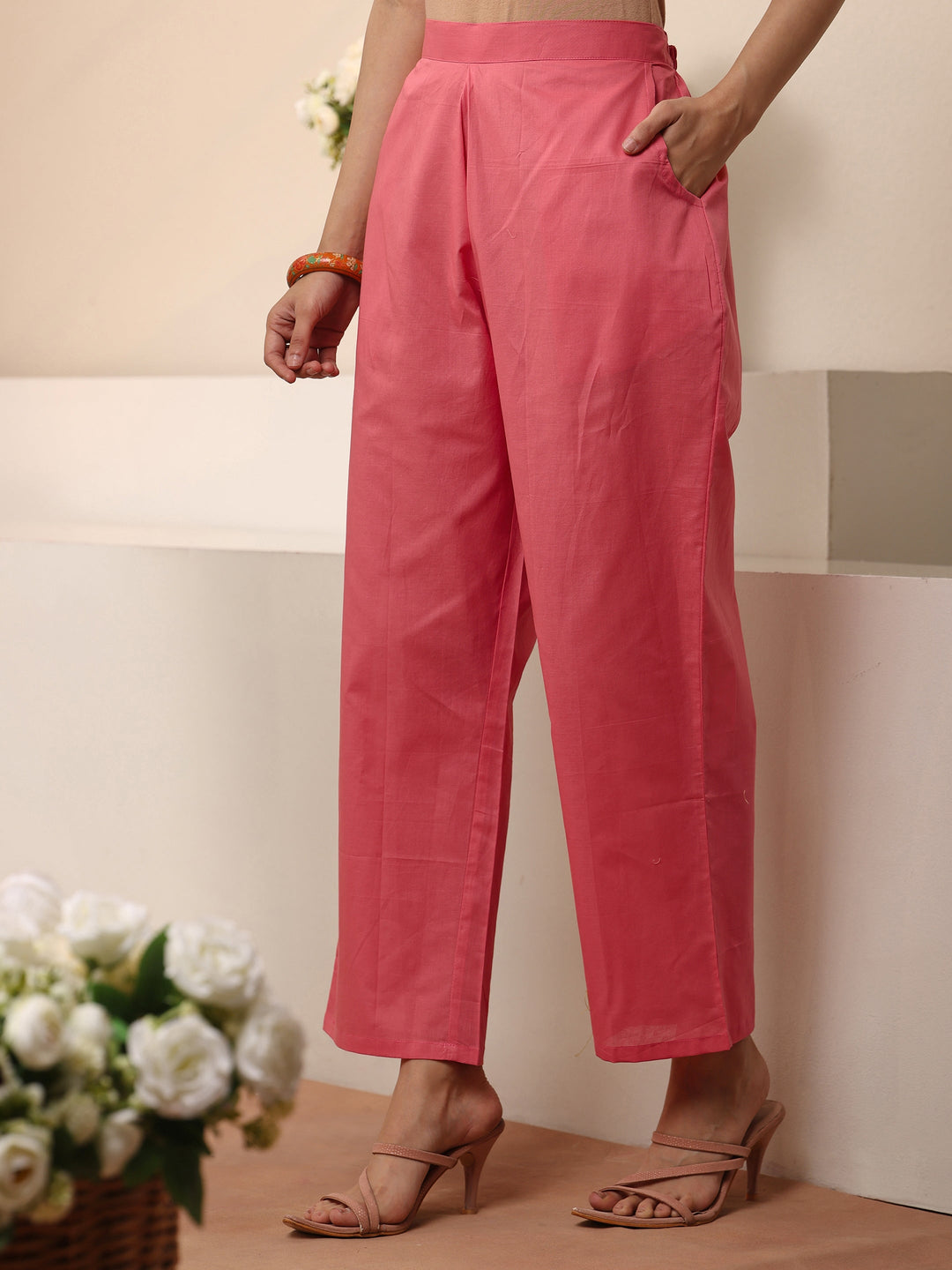  Pink Floral Embroidered Chanderi Silk Straight Suit Set 