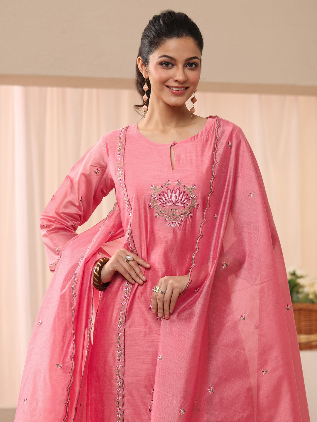  Pink Floral Embroidered Chanderi Silk Straight Suit Set 