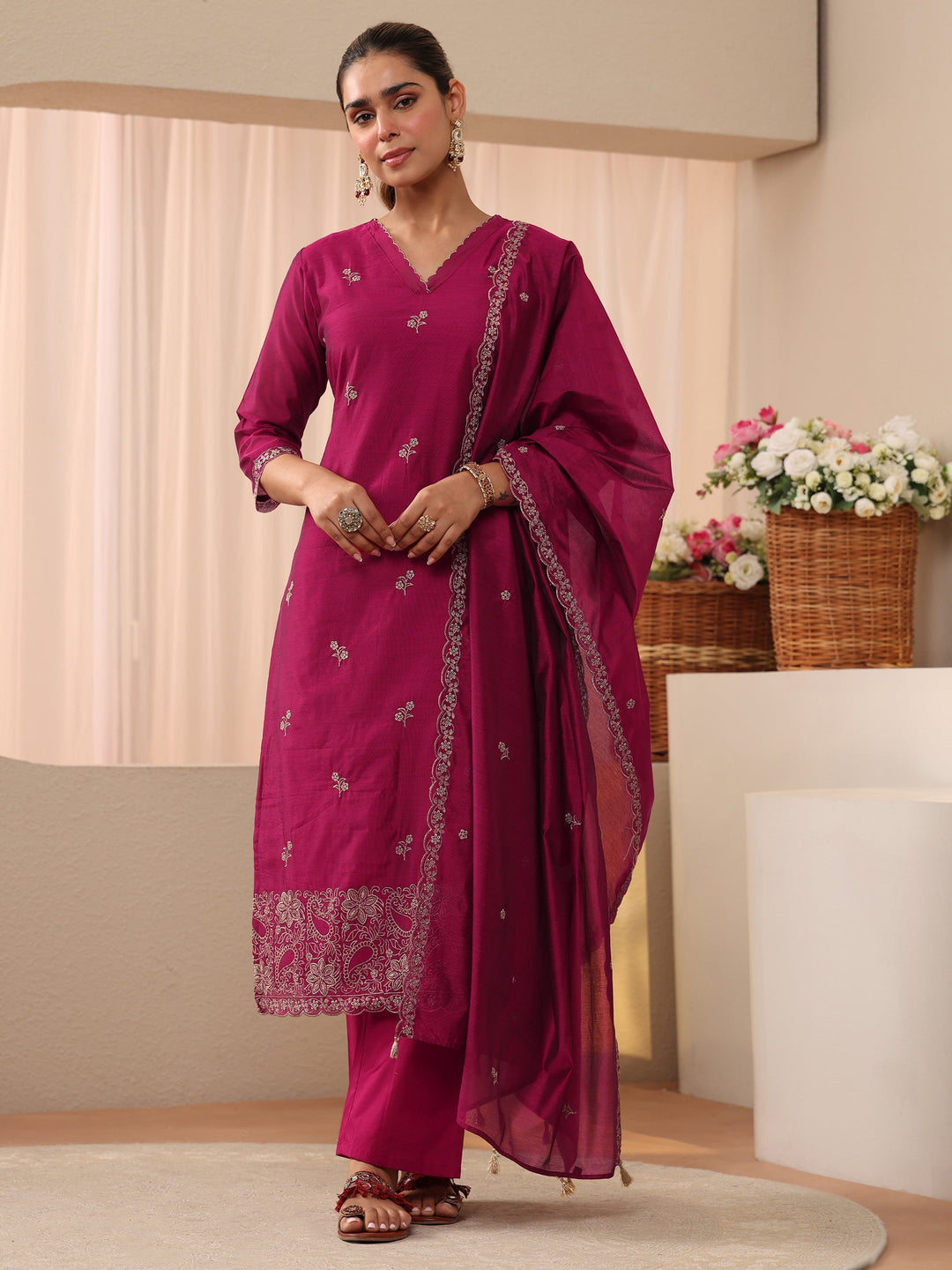  Pink Floral Embroidered Chanderi Silk Straight Suit Set 