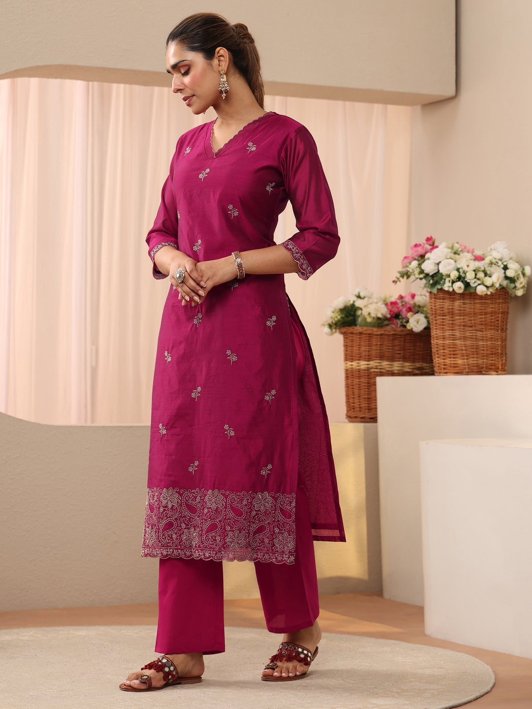  Pink Floral Embroidered Chanderi Silk Straight Suit Set 