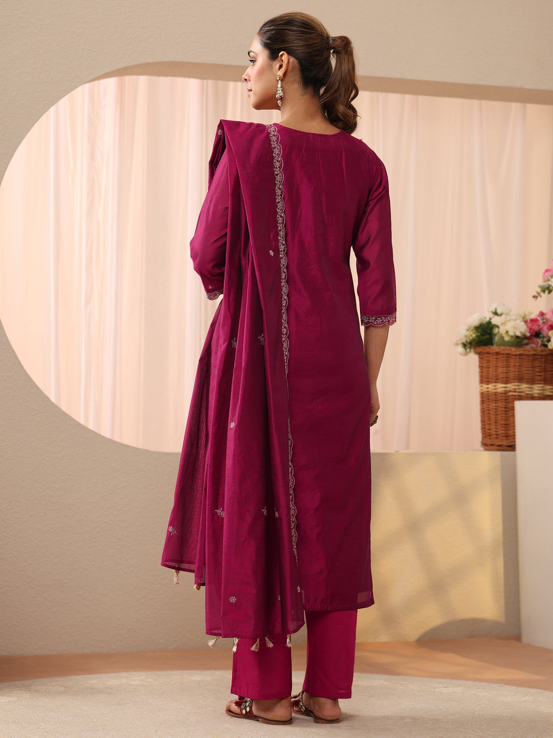  Pink Floral Embroidered Chanderi Silk Straight Suit Set 