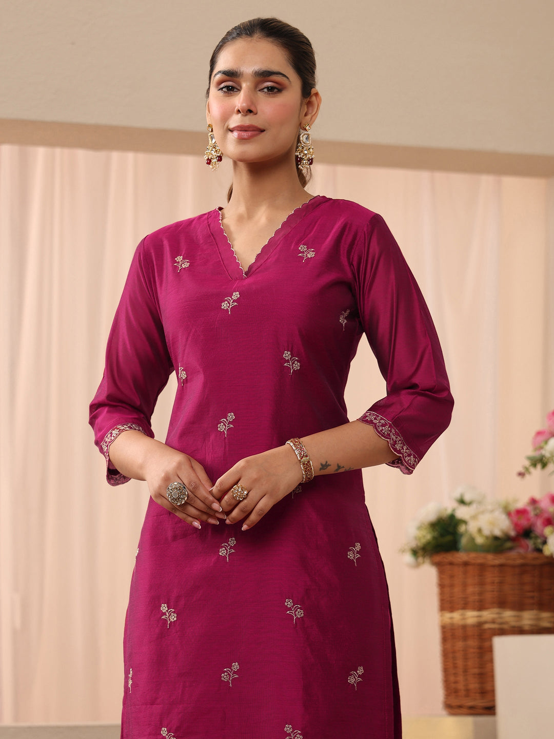  Pink Floral Embroidered Chanderi Silk Straight Suit Set 