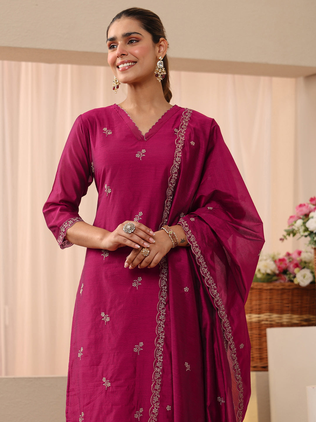  Pink Floral Embroidered Chanderi Silk Straight Suit Set 
