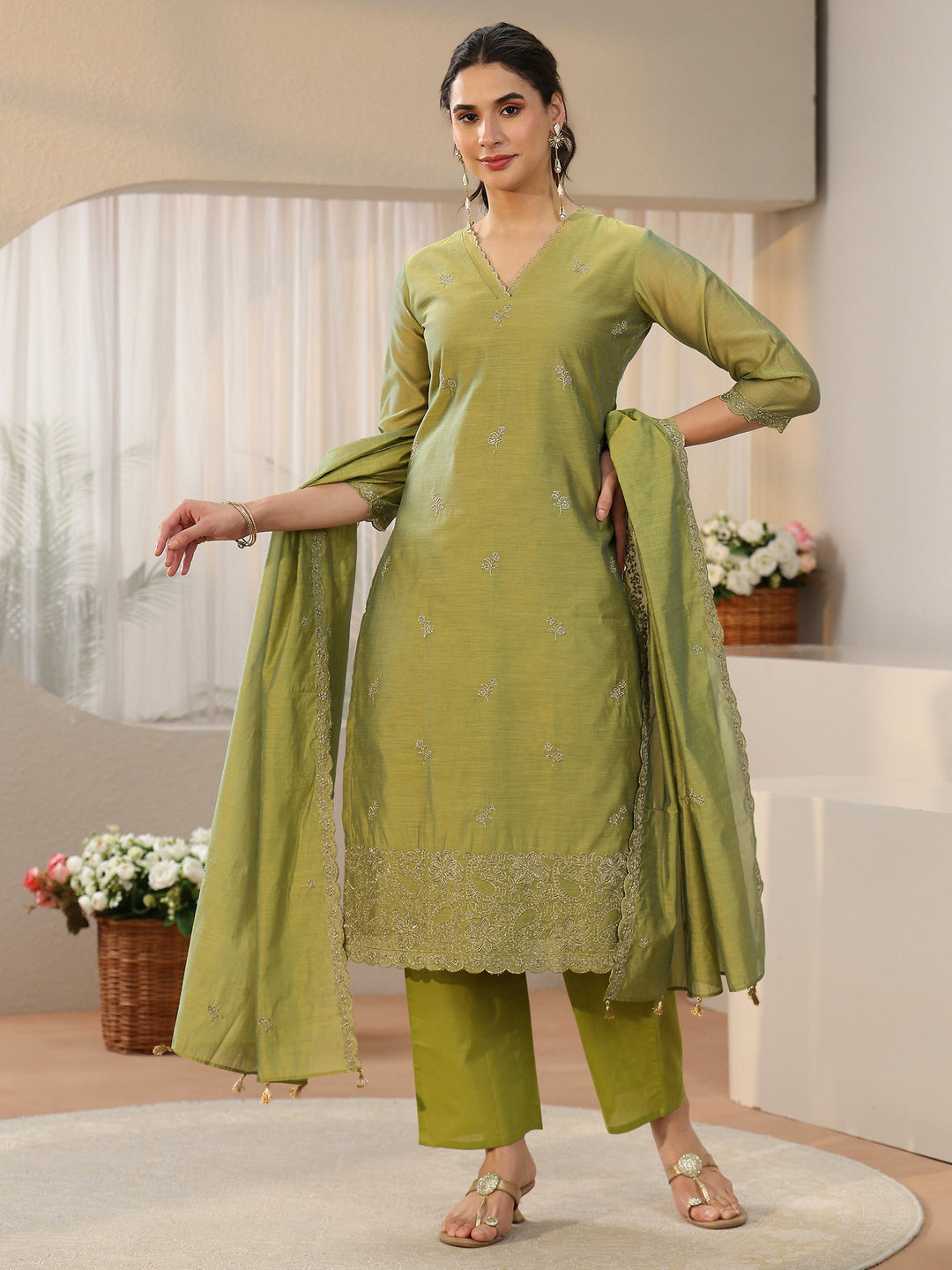  Libas Leaf Green Floral Embellished Chanderi Silk Straight Suit Set 