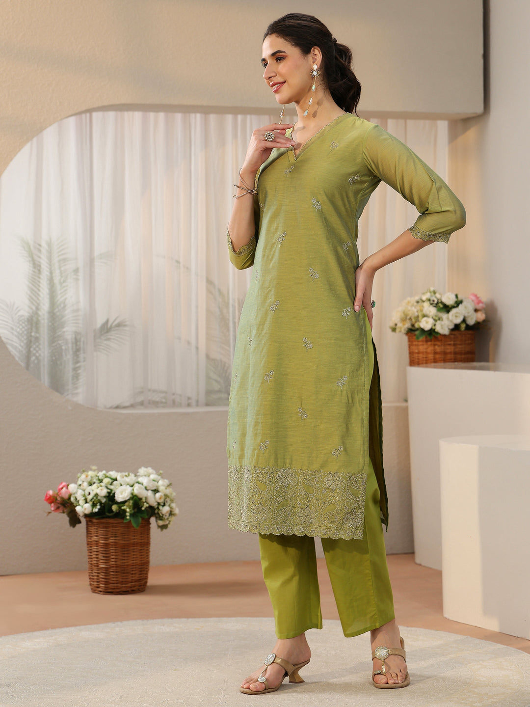  Libas Leaf Green Floral Embellished Chanderi Silk Straight Suit Set 