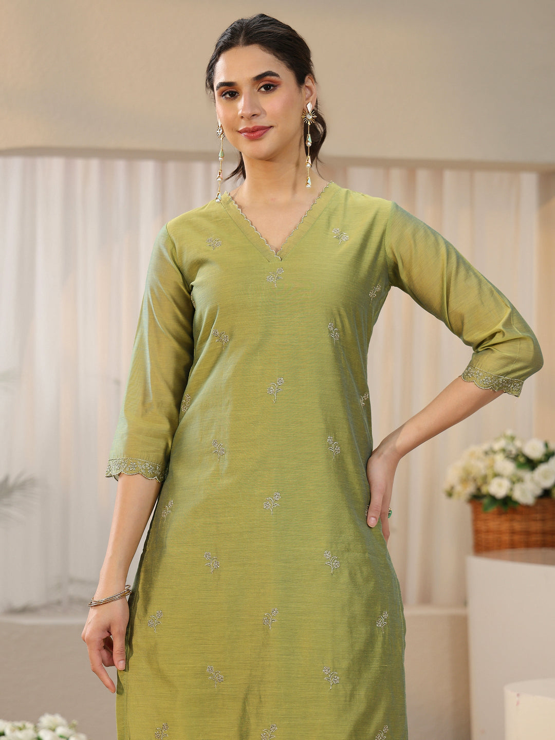  Libas Leaf Green Floral Embellished Chanderi Silk Straight Suit Set 