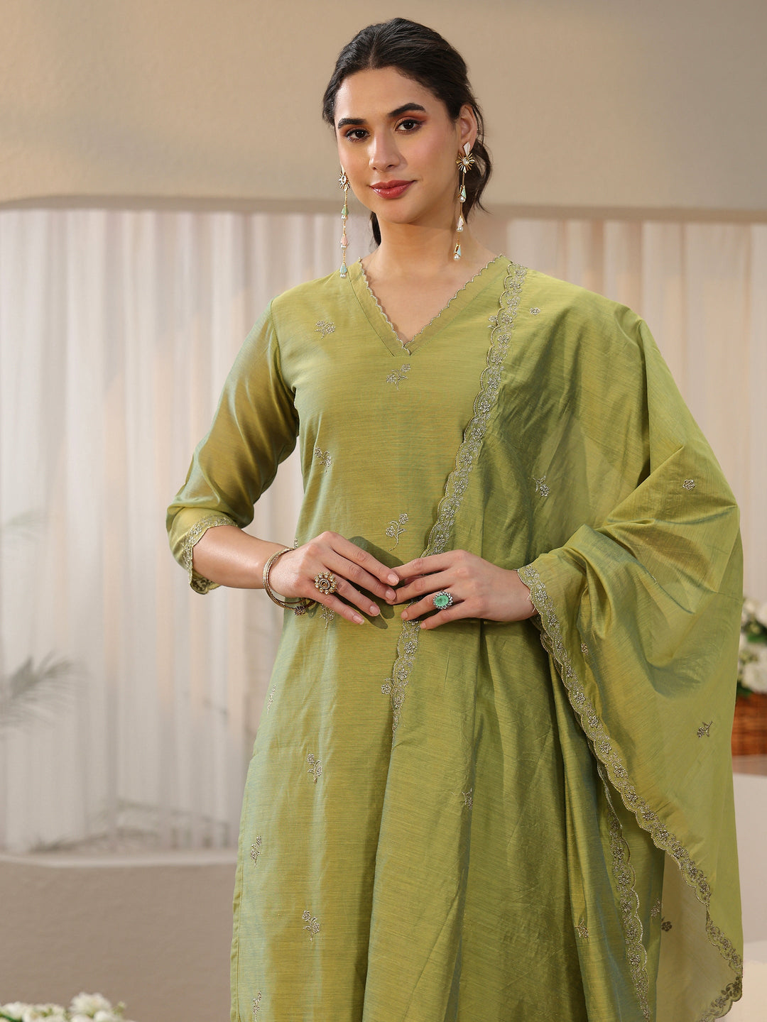  Libas Leaf Green Floral Embellished Chanderi Silk Straight Suit Set 