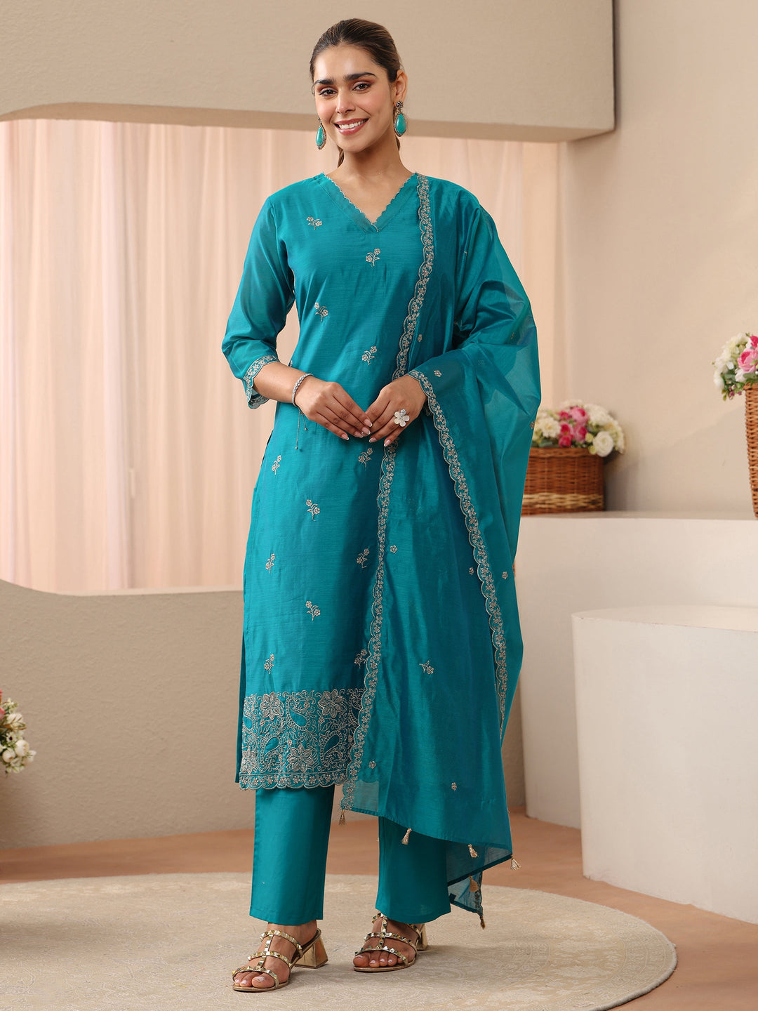  Blue Floral Embroidered Chanderi Silk Straight Suit Set 