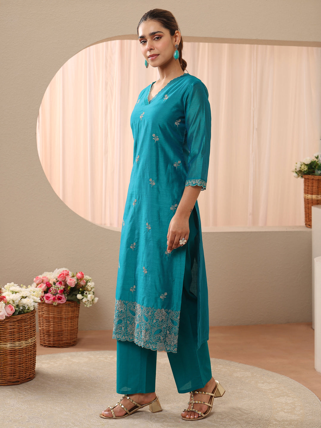  Blue Floral Embroidered Chanderi Silk Straight Suit Set 