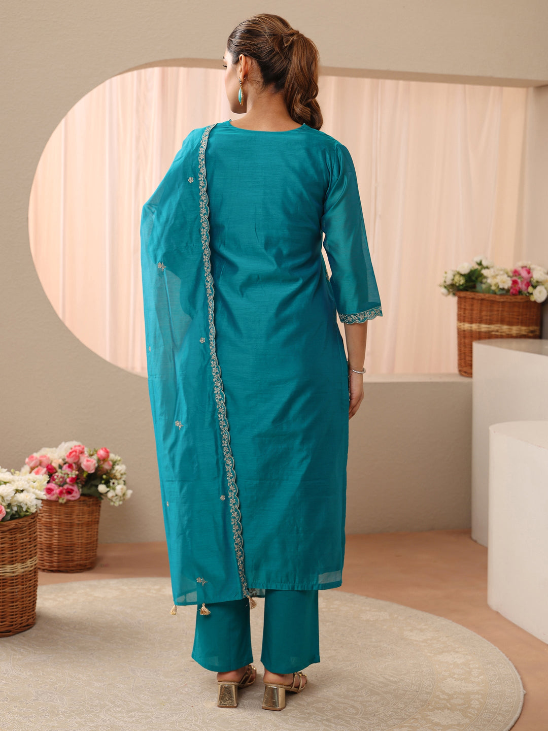  Blue Floral Embroidered Chanderi Silk Straight Suit Set 