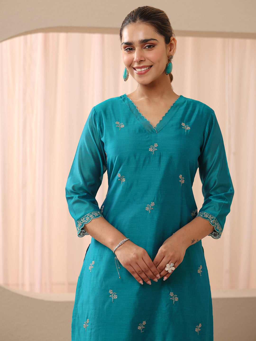  Blue Floral Embroidered Chanderi Silk Straight Suit Set 