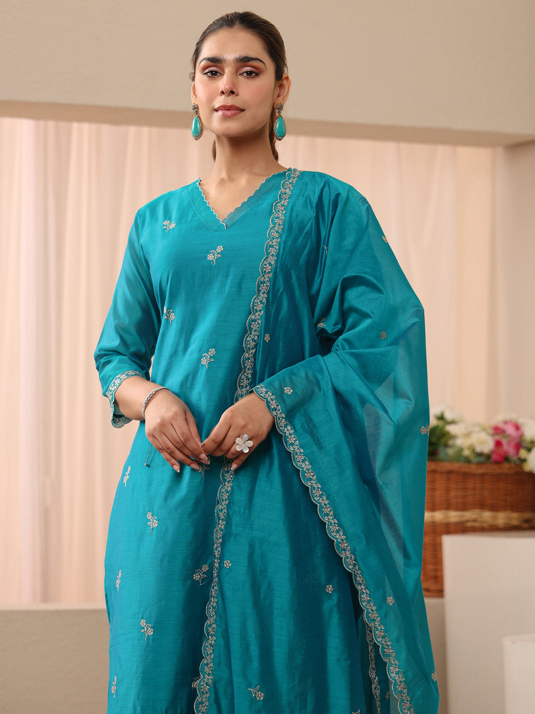  Blue Floral Embroidered Chanderi Silk Straight Suit Set 