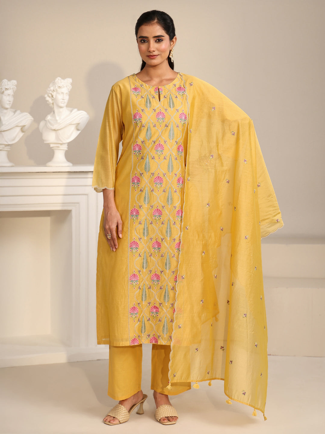  Libas Yellow Floral Embroidered Chanderi Silk Straight Suit Set 