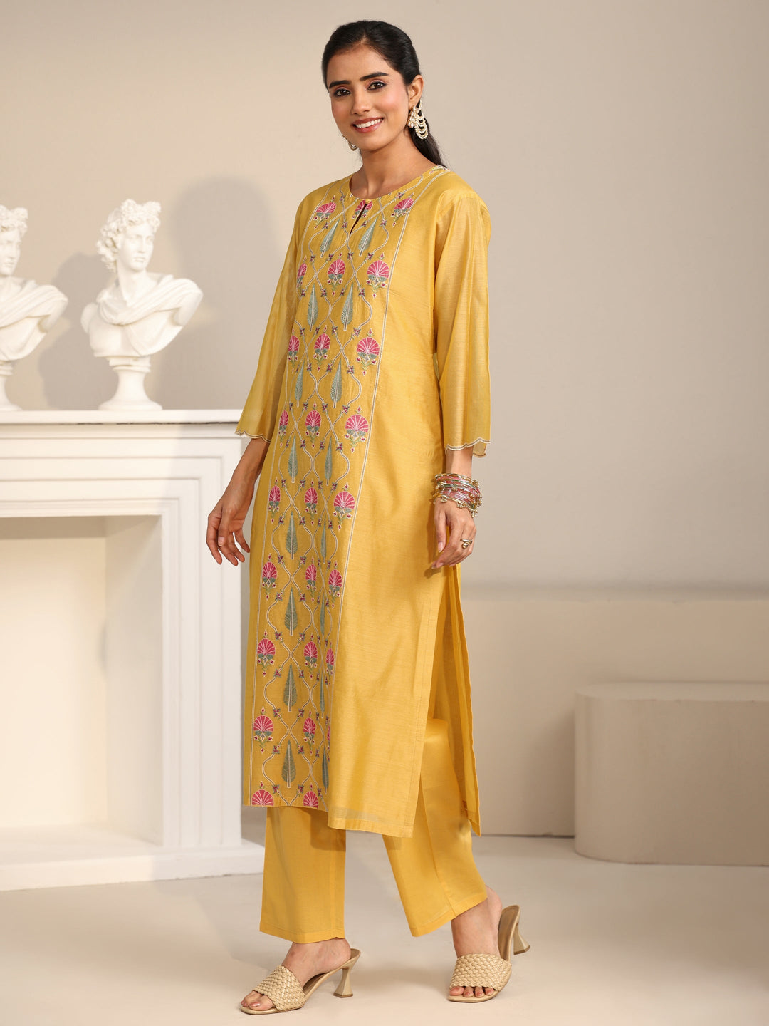  Libas Yellow Floral Embroidered Chanderi Silk Straight Suit Set 