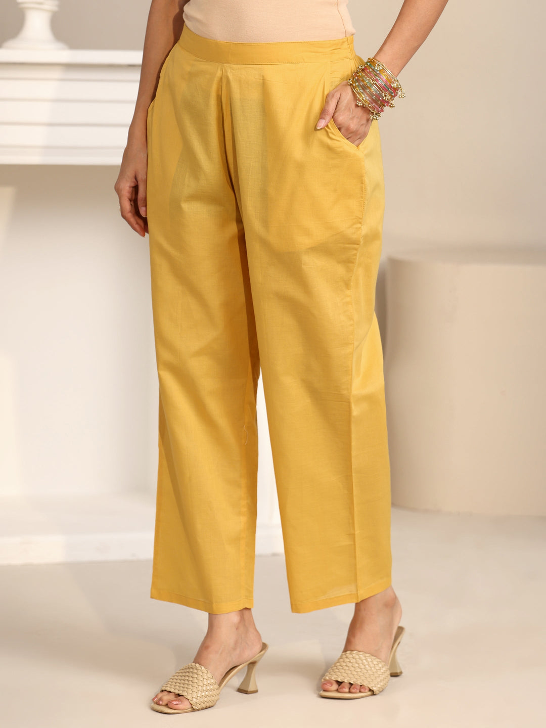  Libas Yellow Floral Embroidered Chanderi Silk Straight Suit Set 