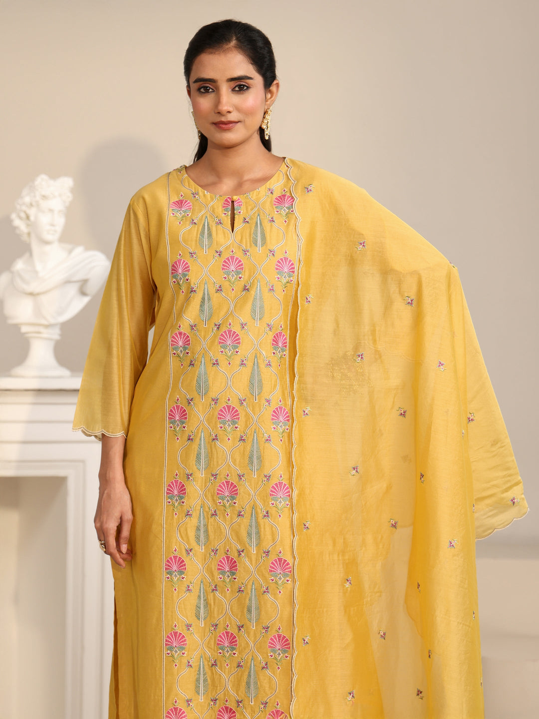  Libas Yellow Floral Embroidered Chanderi Silk Straight Suit Set 