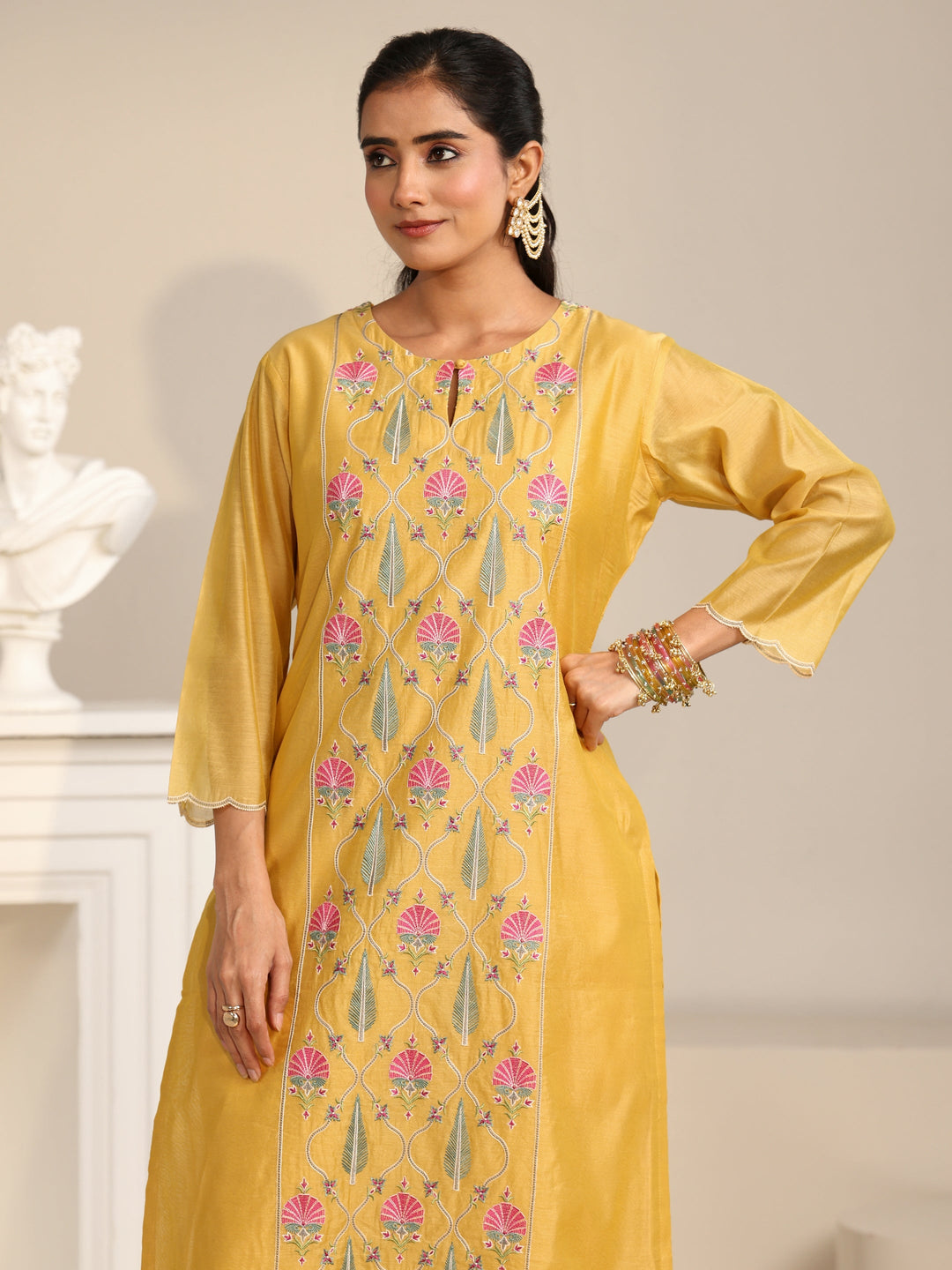  Libas Yellow Floral Embroidered Chanderi Silk Straight Suit Set 