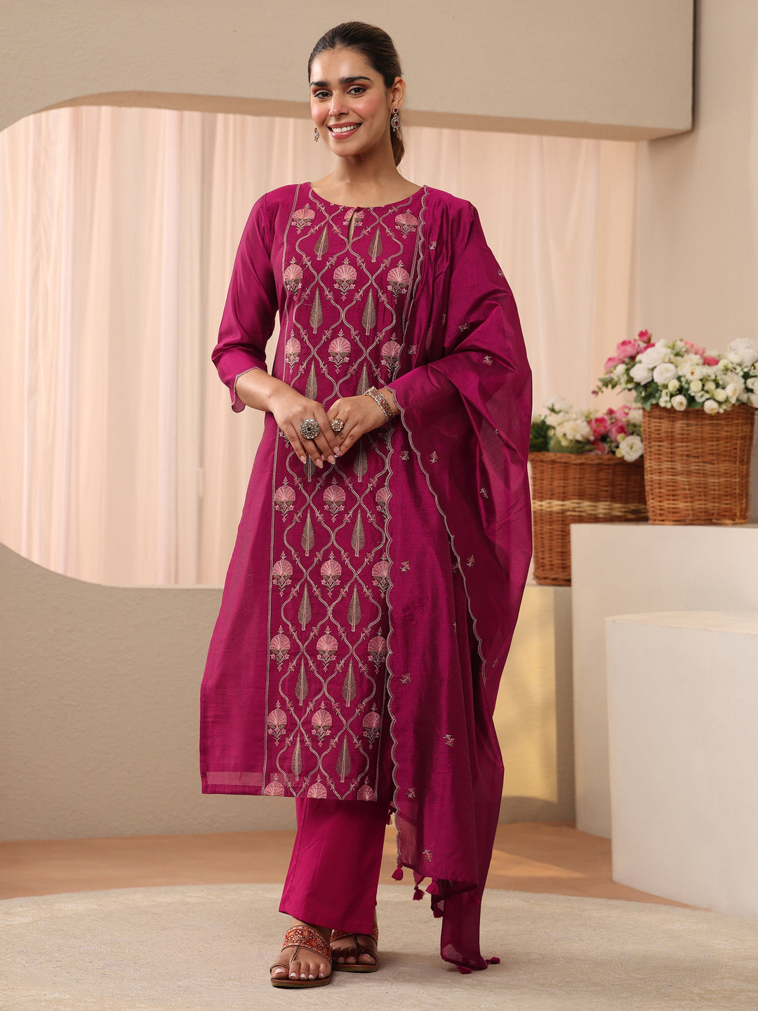  Pink Floral Embroidered Chanderi Silk Straight Suit Set 