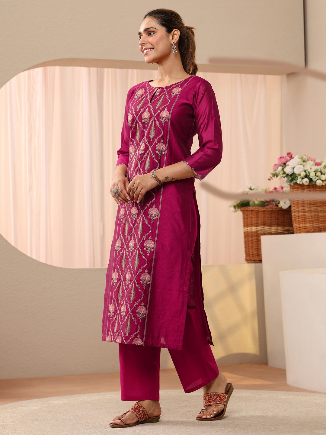  Pink Floral Embroidered Chanderi Silk Straight Suit Set 