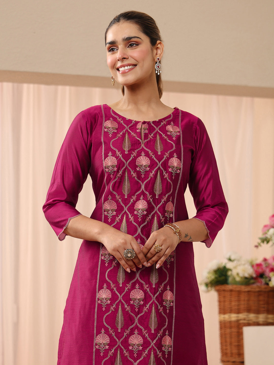  Pink Floral Embroidered Chanderi Silk Straight Suit Set 