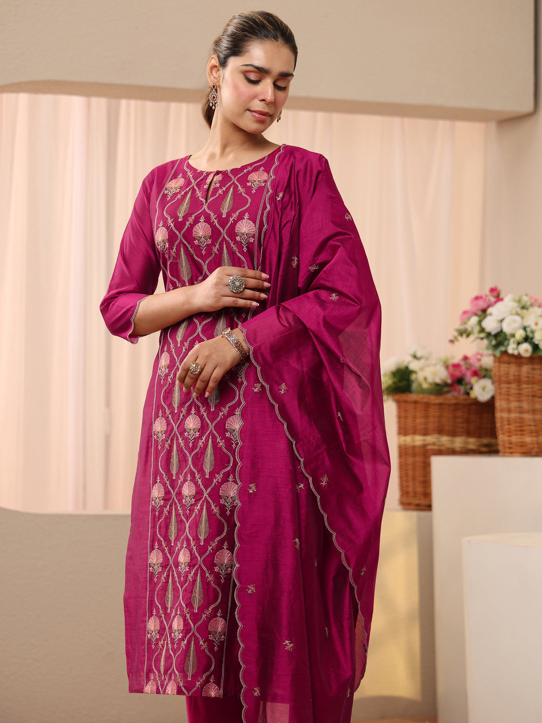  Pink Floral Embroidered Chanderi Silk Straight Suit Set 