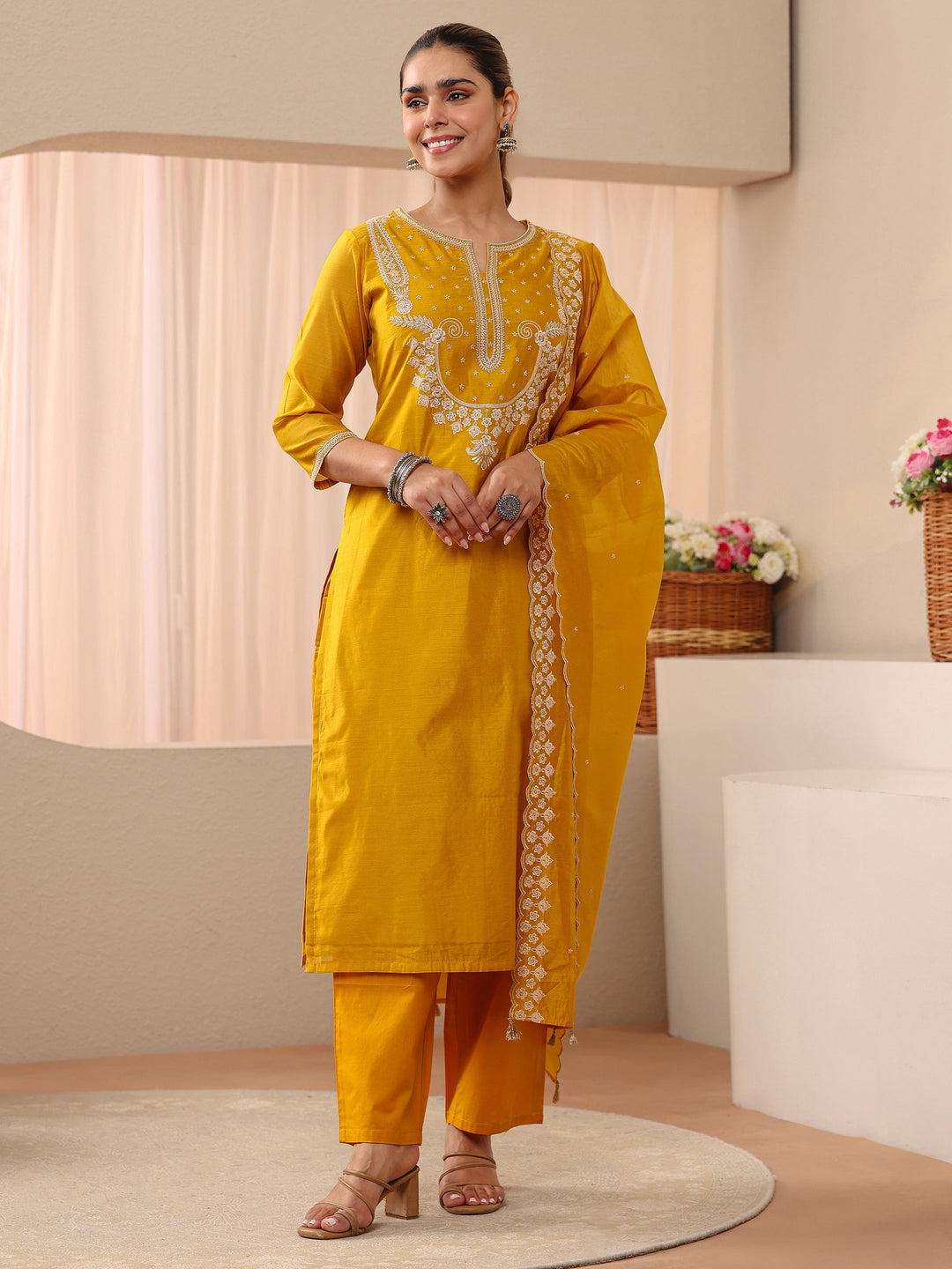  Yellow Ethnic Embroidered Chanderi Silk Straight Suit Set 