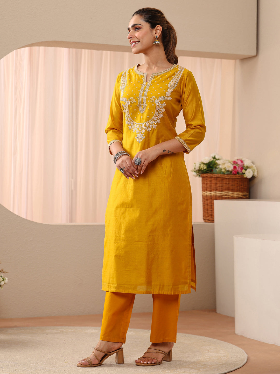  Yellow Ethnic Embroidered Chanderi Silk Straight Suit Set 