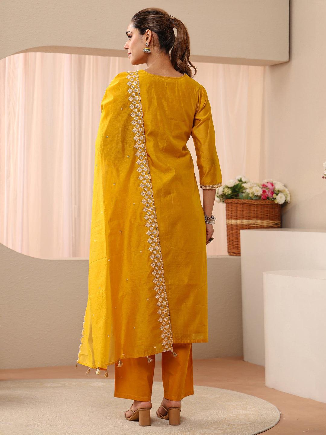 Yellow Ethnic Embroidered Chanderi Silk Straight Suit Set 