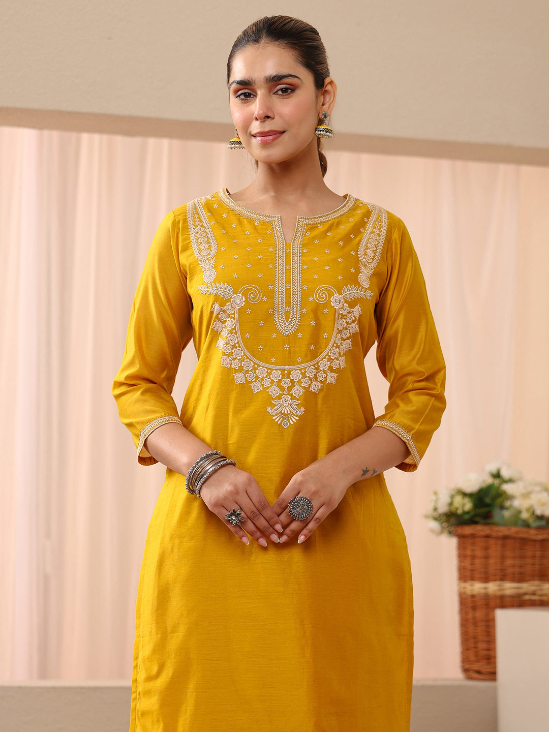  Yellow Ethnic Embroidered Chanderi Silk Straight Suit Set 