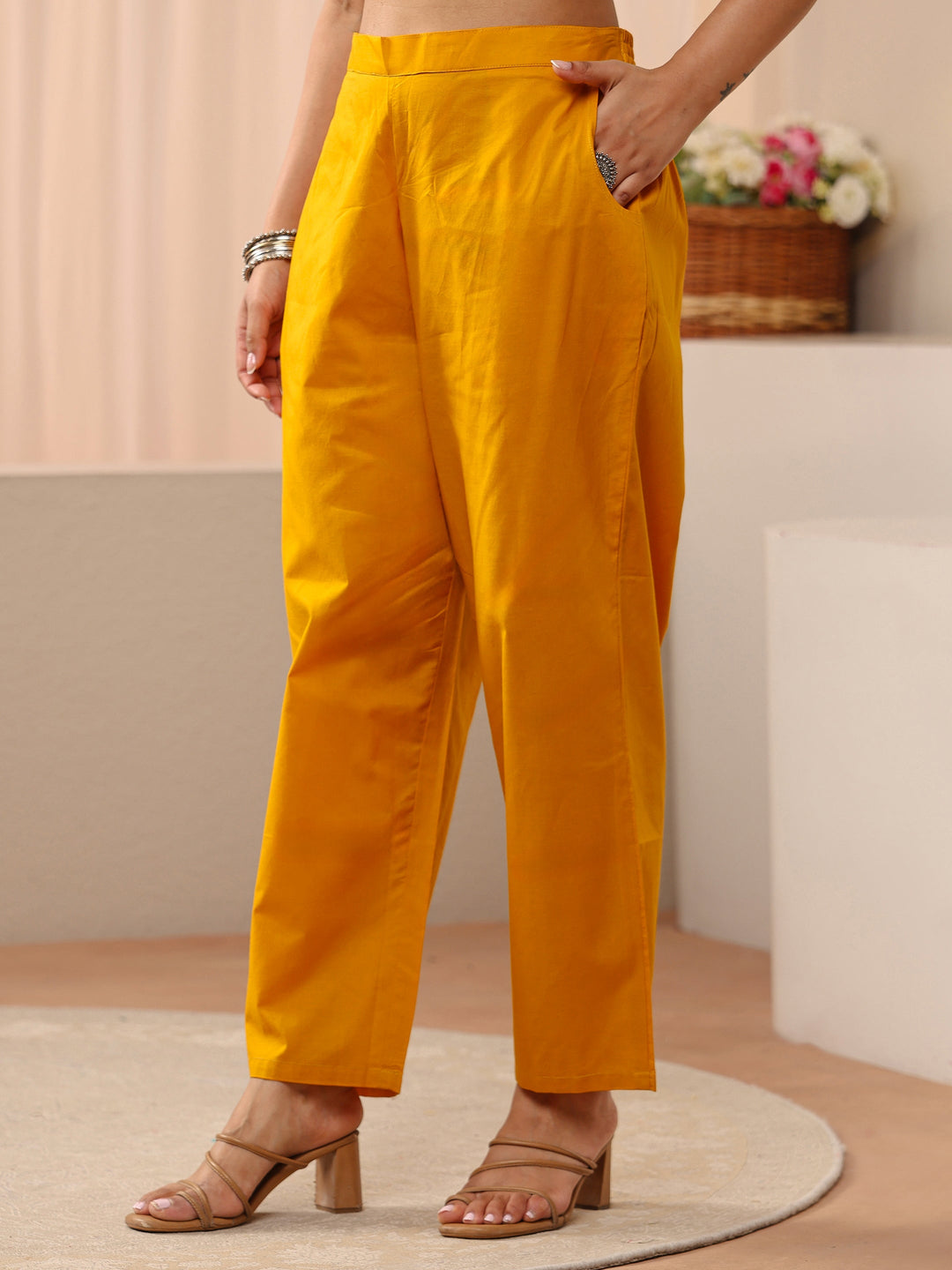  Yellow Ethnic Embroidered Chanderi Silk Straight Suit Set 
