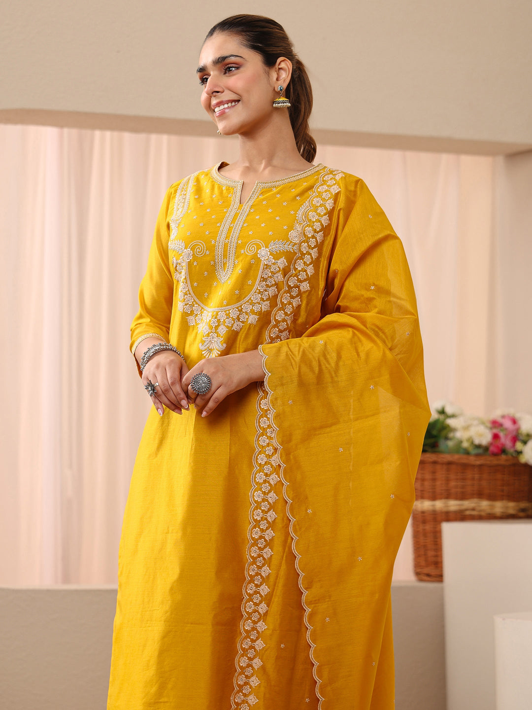  Yellow Ethnic Embroidered Chanderi Silk Straight Suit Set 