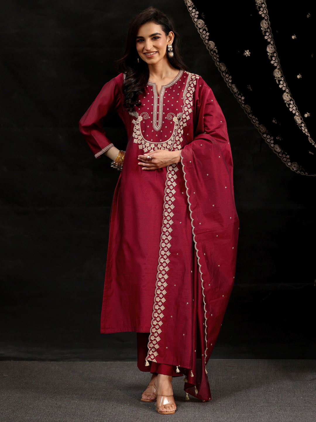  Libas Maroon Red Yoke Embroidered Chanderi Silk Straight Suit Set 
