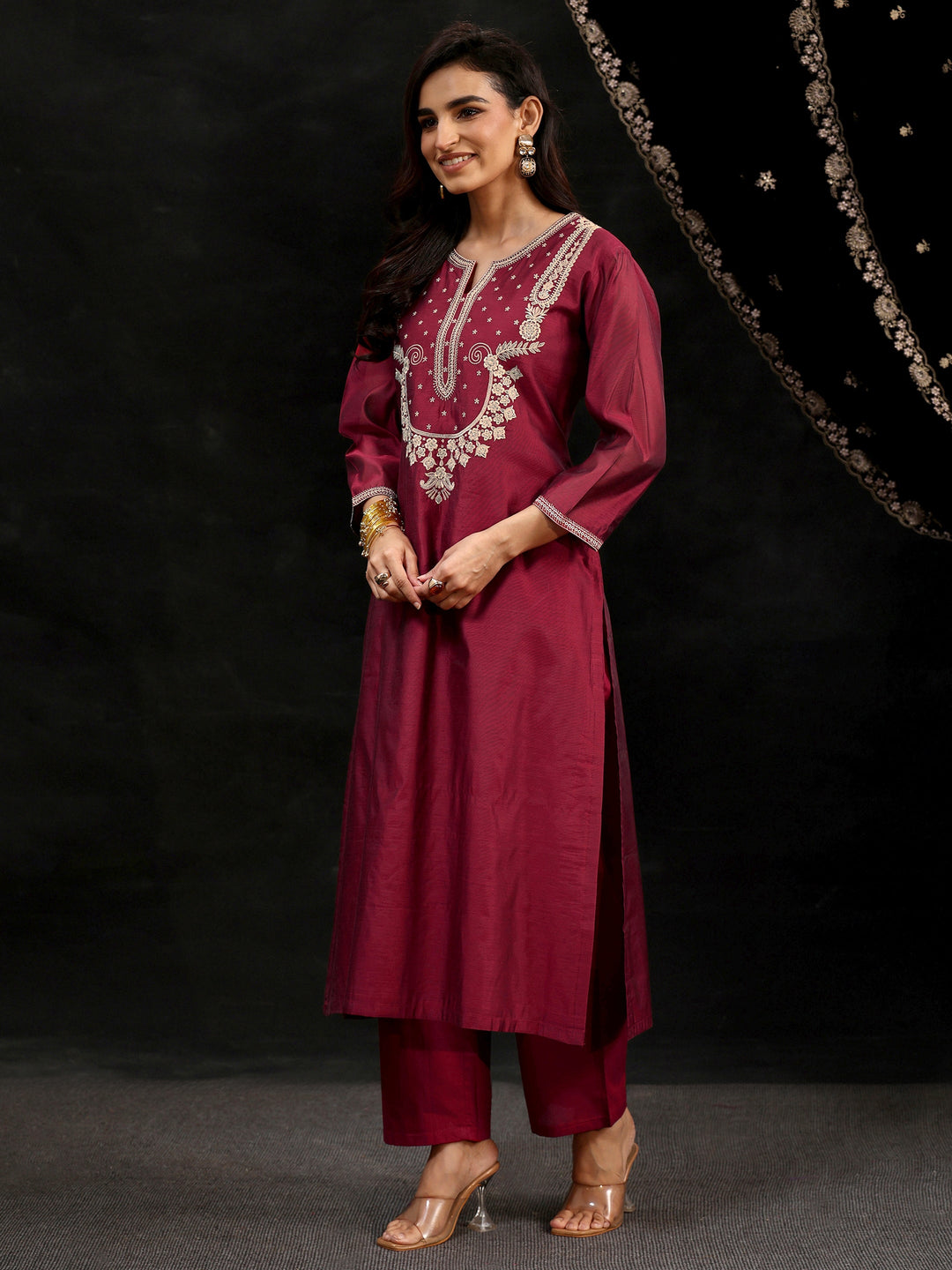  Libas Maroon Red Yoke Embroidered Chanderi Silk Straight Suit Set 