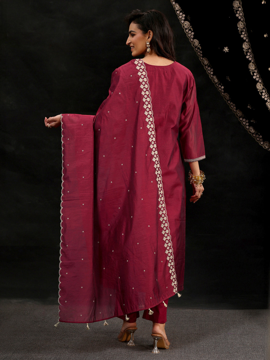  Libas Maroon Red Yoke Embroidered Chanderi Silk Straight Suit Set 
