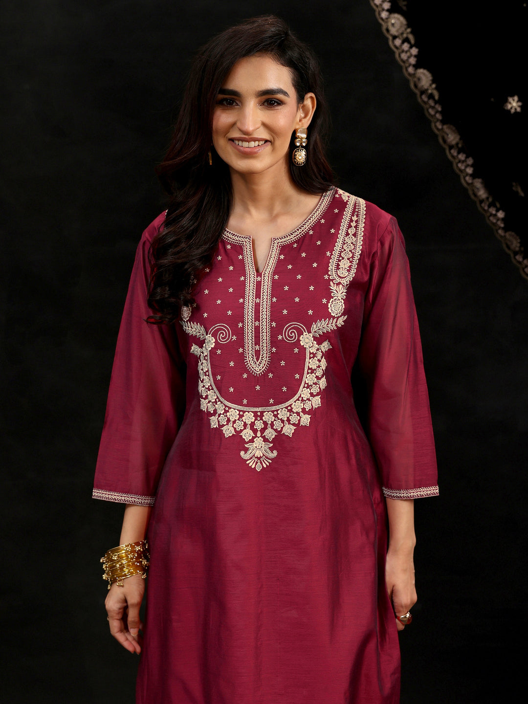  Libas Maroon Red Yoke Embroidered Chanderi Silk Straight Suit Set 