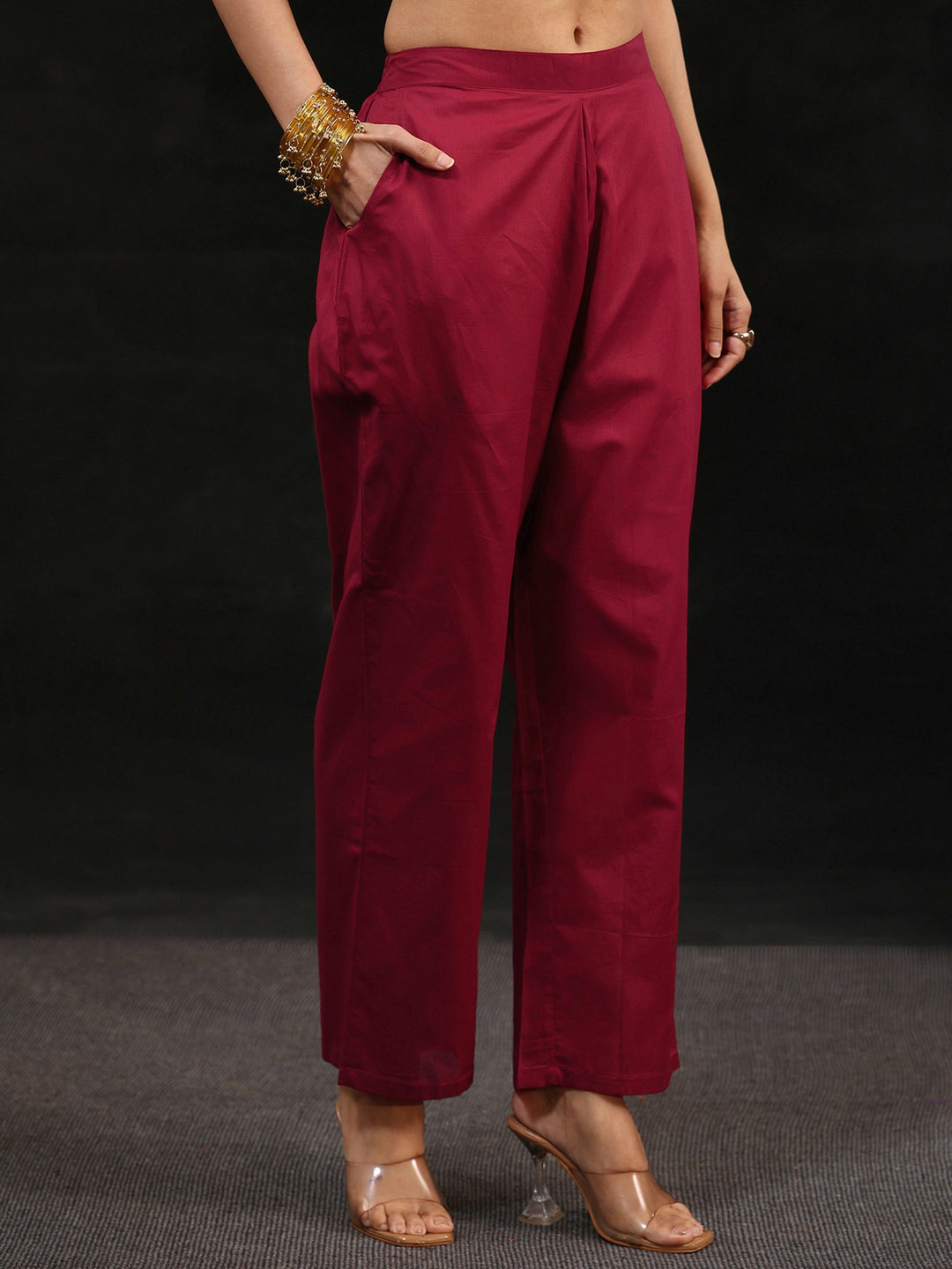  Libas Maroon Red Yoke Embroidered Chanderi Silk Straight Suit Set 